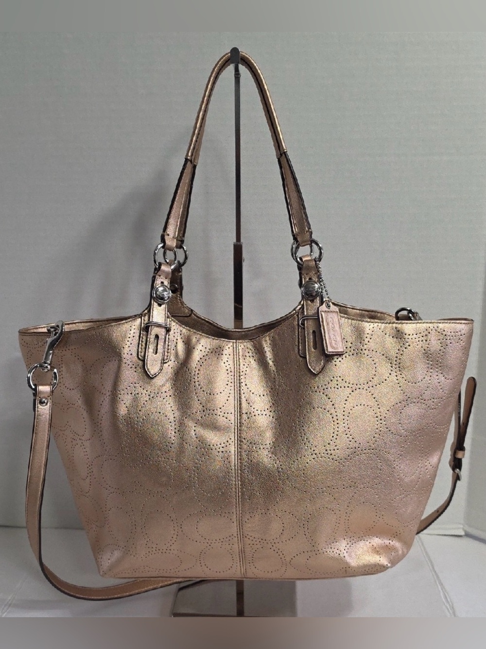 EUC Coach Metallic Rose Gold Perforated Signature Leather Tote